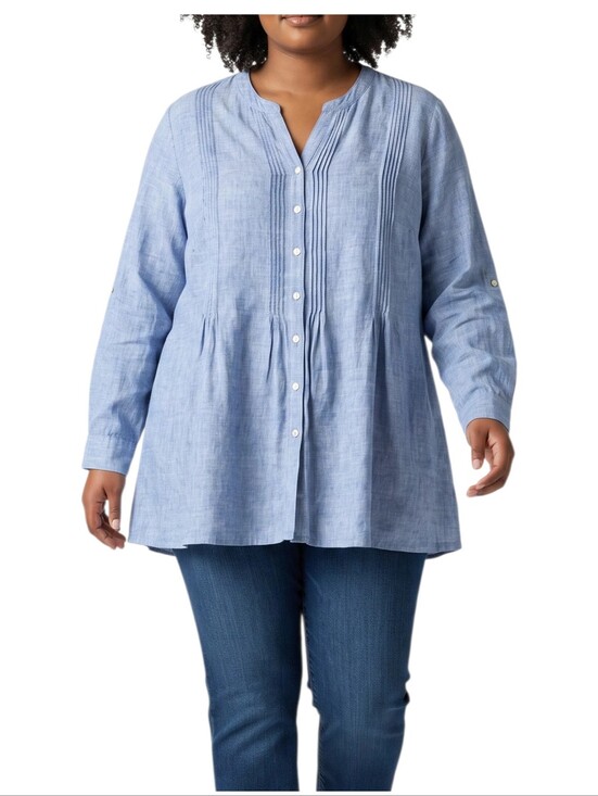 J. Jill Tops - 2X J.Jill Pintucked Linen Tunic Long Sleeve Womens Blue Button Up Tab-sleeve